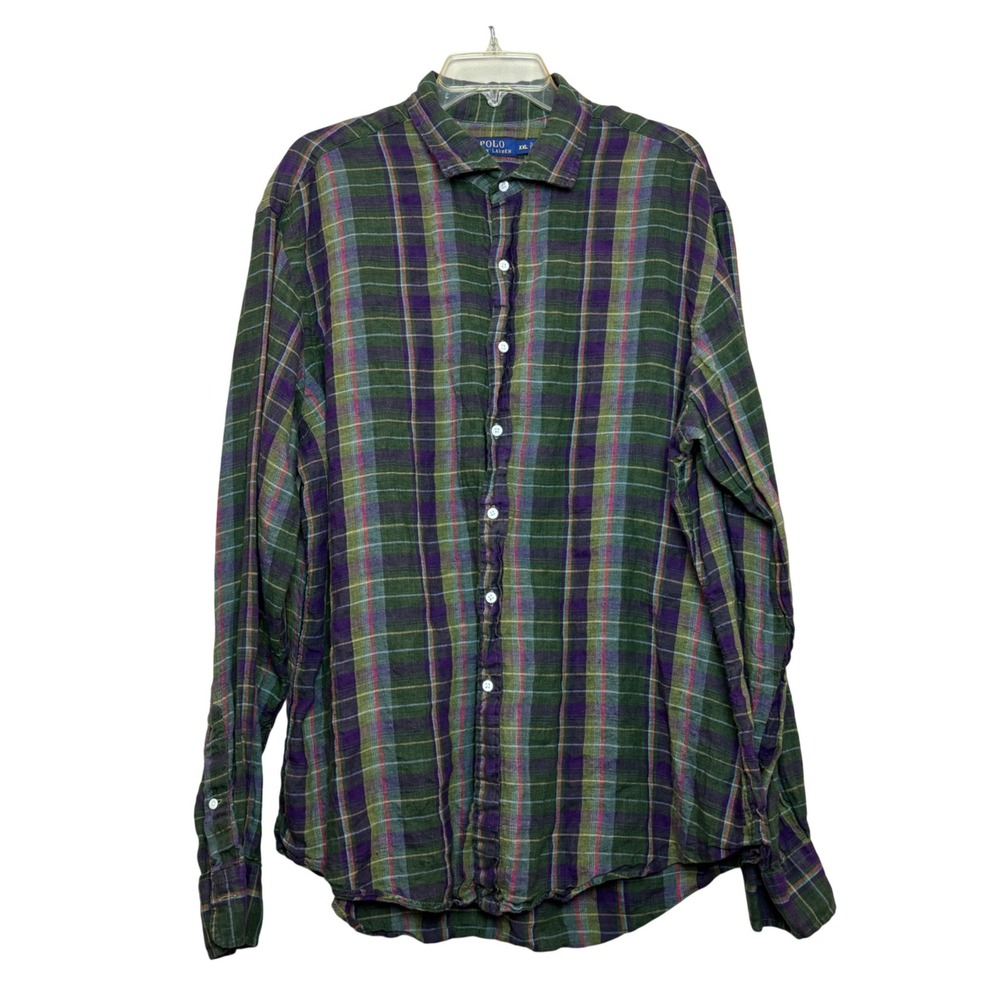 Polo Ralph‎ Lauren Button Down Mens XXL 2XL Green Purple Plaid Linen Long Sleeve